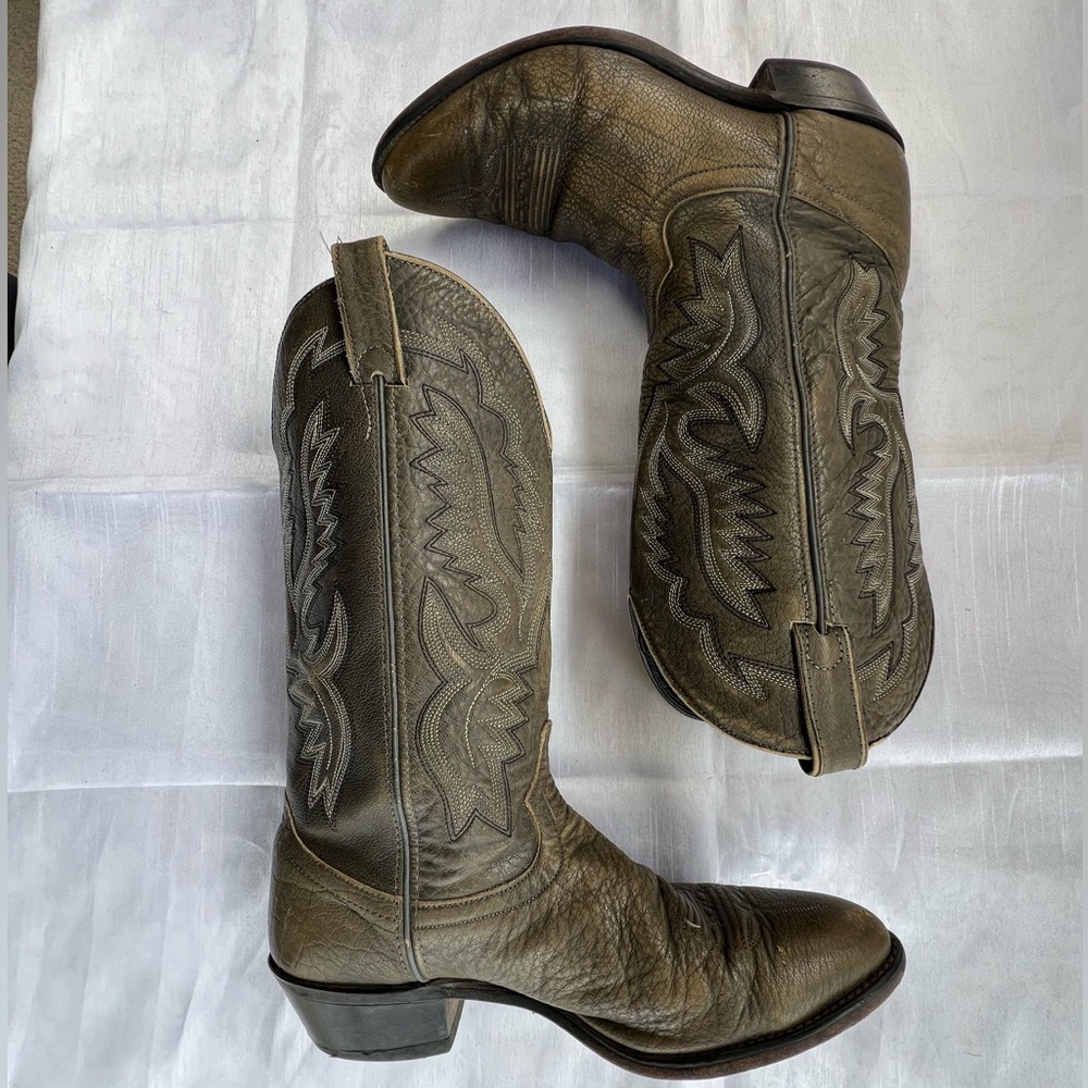 LAREDO Vintage Cowboy Boots TAN DISTRESSED LEATHER DECORATIVE STITCHING Mens 10D